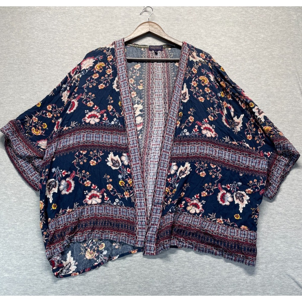 Artesia Boho Bohemian Kimono Top Womens XL Navy Blue Floral Print Open Front